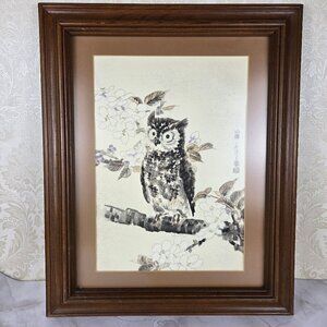 Vintage 1950's Woodblock Print "Owl and Cherry" by Eiichi Kotozuka Framed Glass